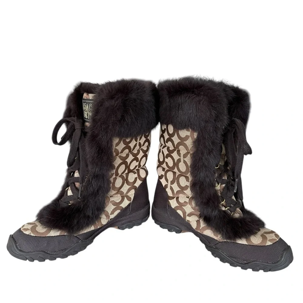 COACH Jennie Signature Quilted Monogram Print Winter Boot Rabbit Fur Trim Size 6